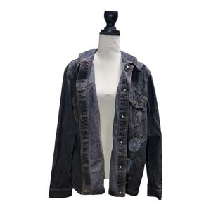 Denim&Co Dark Jean Jacket with Blue Embroidery